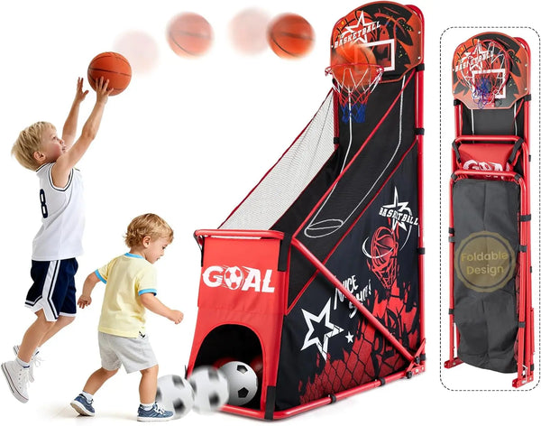 Foldable Basketball Hoop Set with Soccer Goal - Portable Indoor Outdoor Sports Toy for Ages 3-12, Includes Air Pump and Balls