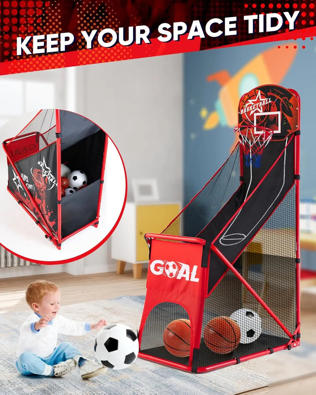 Foldable Basketball Hoop Set with Soccer Goal - Portable Indoor Outdoor Sports Toy for Ages 3-12, Includes Air Pump and Balls