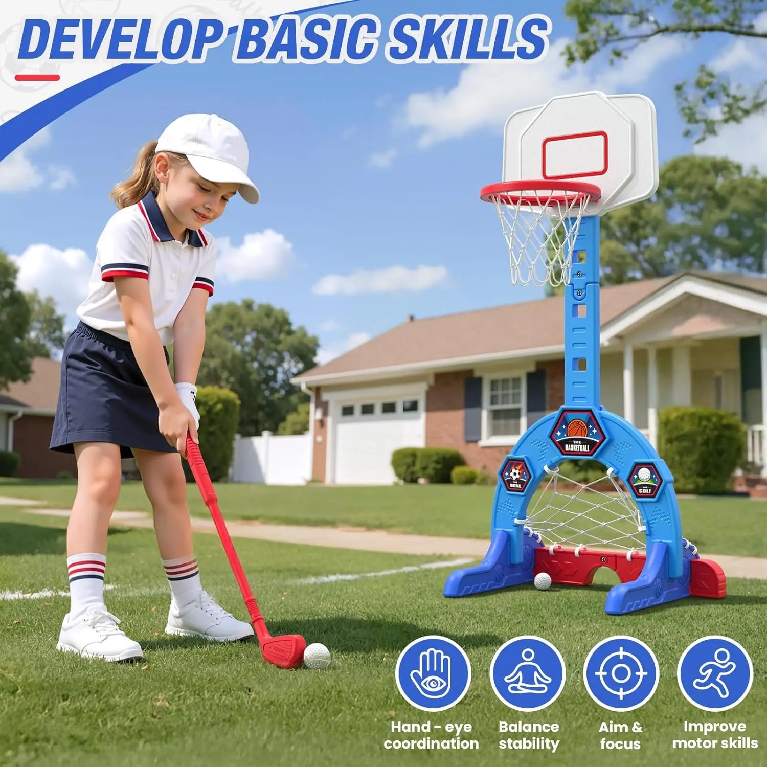 3-in-1 Sports Center with Soccer, Golf, Adjustable Basketball Hoop for Indoor Outdoor Play, Blue Toy Gift