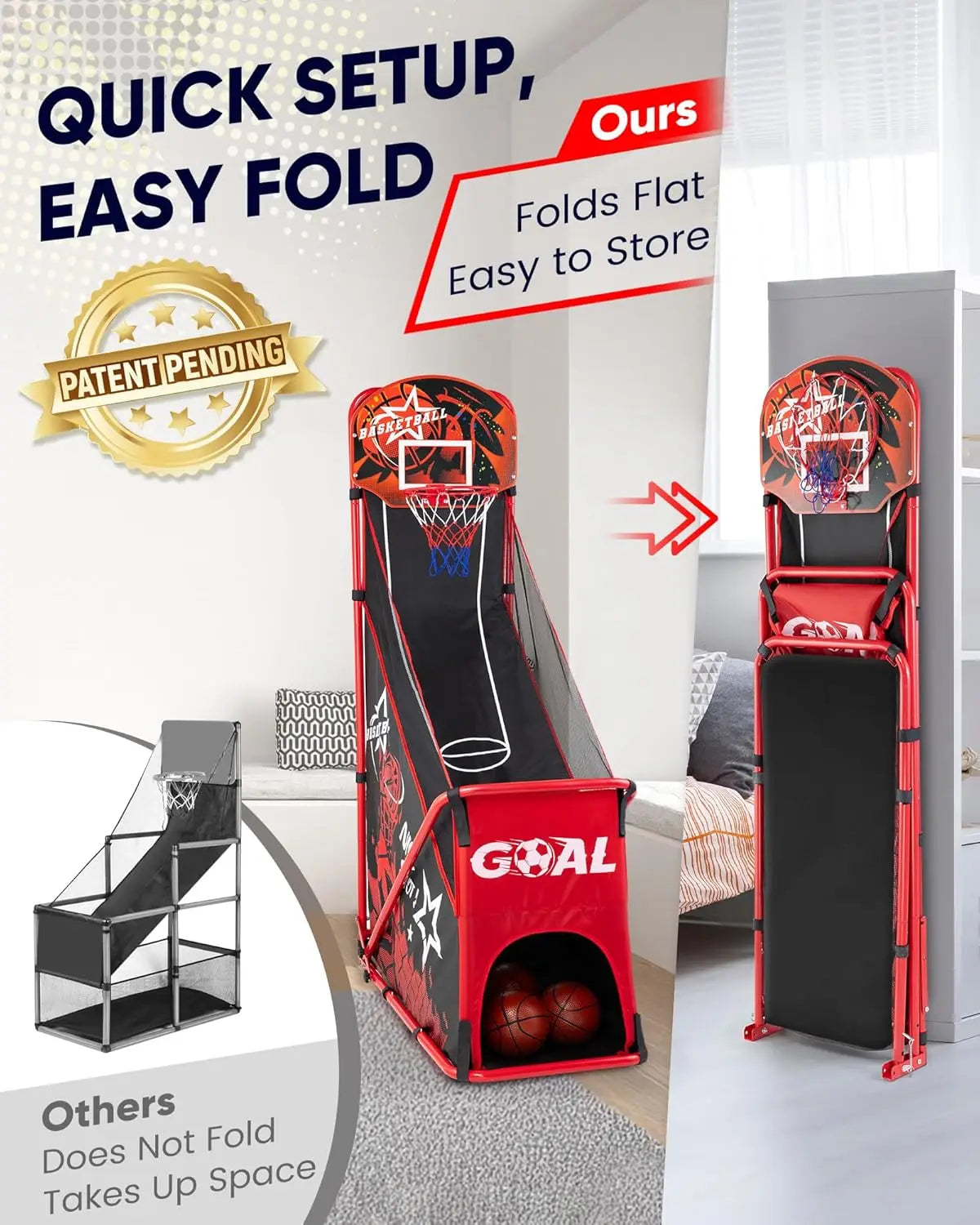 Foldable Basketball Hoop Set with Soccer Goal - Portable Indoor Outdoor Sports Toy for Ages 3-12, Includes Air Pump and Balls