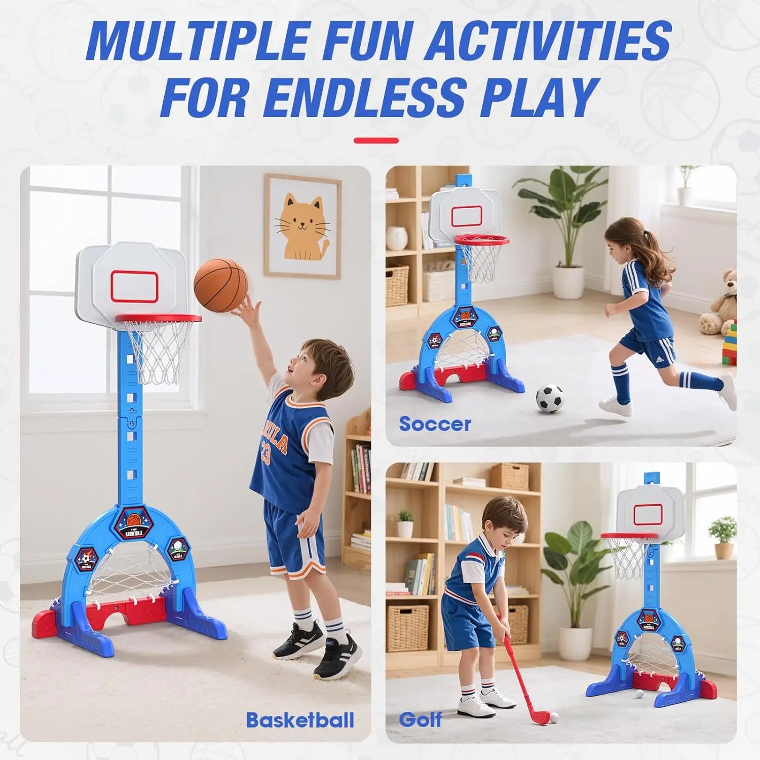 3-in-1 Sports Center with Soccer, Golf, Adjustable Basketball Hoop for Indoor Outdoor Play, Blue Toy Gift