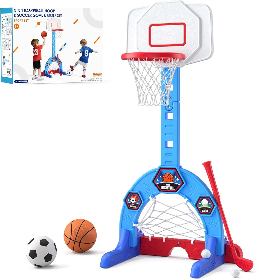 3-in-1 Sports Center with Soccer, Golf, Adjustable Basketball Hoop for Indoor Outdoor Play, Blue Toy Gift