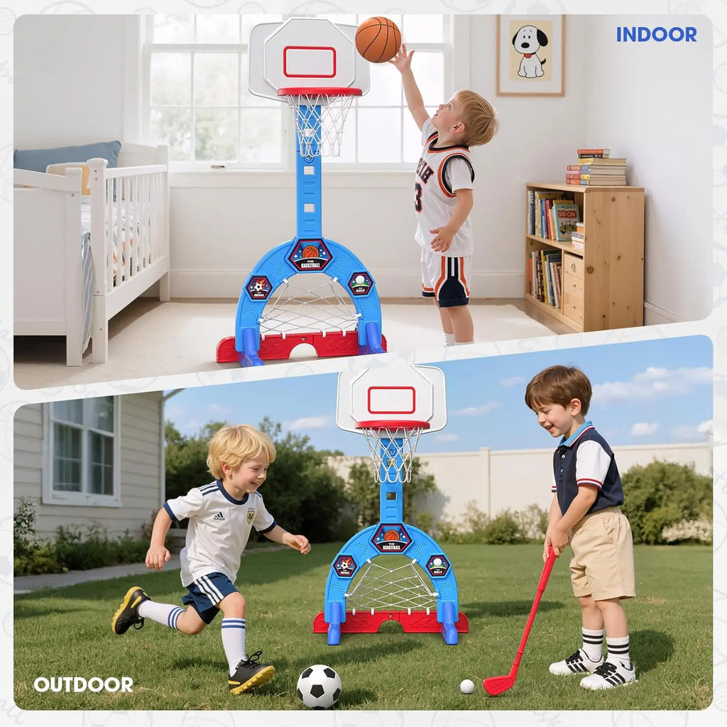 3-in-1 Sports Center with Soccer, Golf, Adjustable Basketball Hoop for Indoor Outdoor Play, Blue Toy Gift