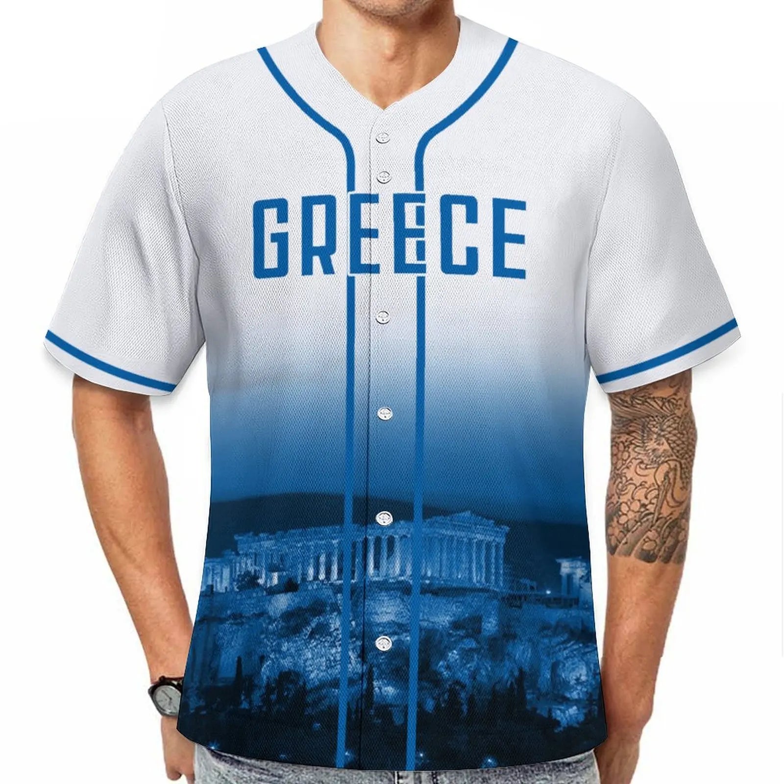 Men's Greece Custom Baseball Jersey Personalized Name Number Comfort Shirt with City Night View for Baseball Fans Gift