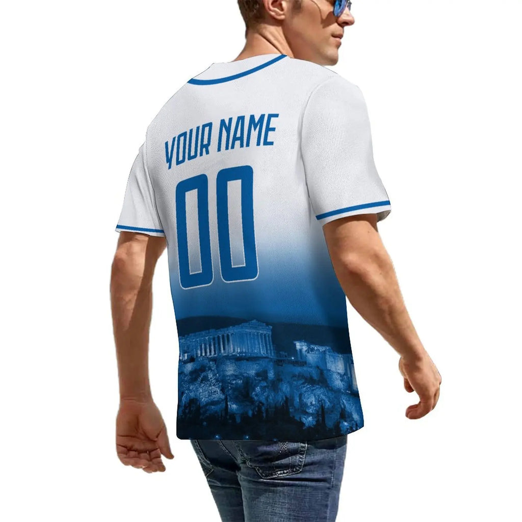 Men's Greece Custom Baseball Jersey Personalized Name Number Comfort Shirt with City Night View for Baseball Fans Gift