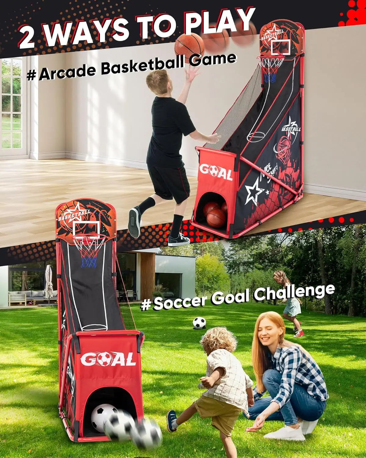 Foldable Basketball Hoop Set with Soccer Goal - Portable Indoor Outdoor Sports Toy for Ages 3-12, Includes Air Pump and Balls